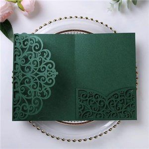 5.12 x 7.2 Emerald Green Invitation Cards, Trifold laser cut invitations Wedding